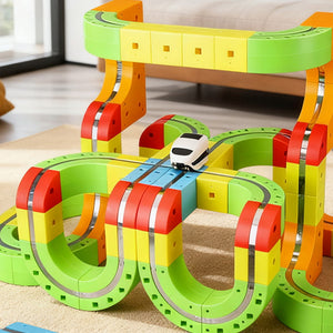 Colorful magnetic track set with a train on a wooden floor