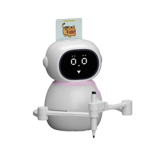 White & Pink robot with a digital display with and card