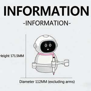 Illustration of a robot holding a pen with dimensions labeled 