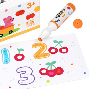 Colorful children's drawing paper with numbers and letters, next to a marker and packaging.