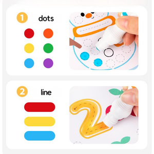 Educational activity set with dot markers and coloring sheets for children.